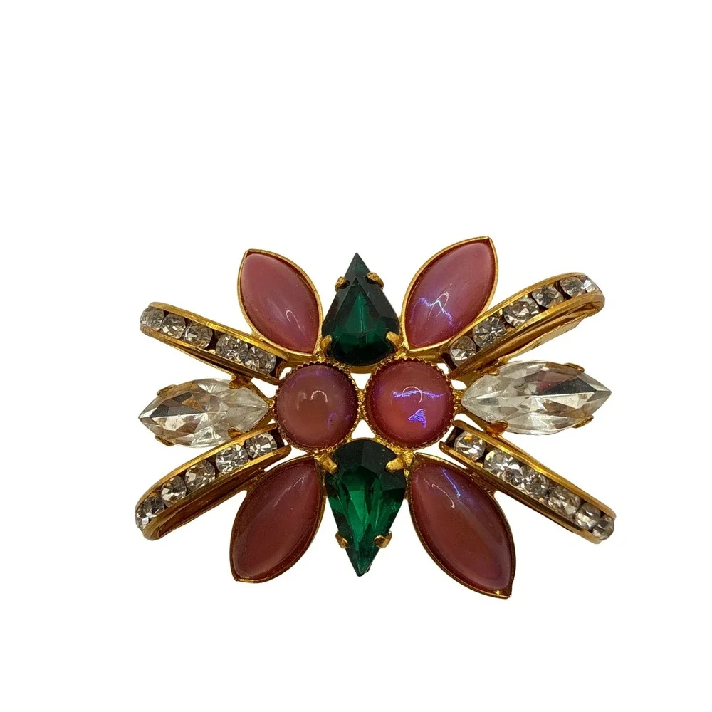 Vintage Brooch Women Pink Green Rhinestone Starburst Style Pin Cabuchon